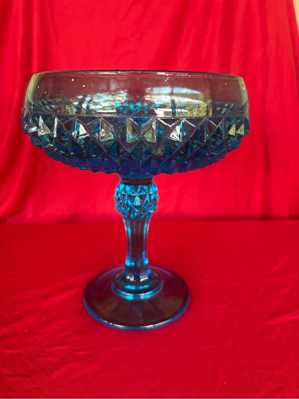 Blue Cut-Pattern Glass Pedestal Compote - Home Art